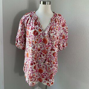 Knox Rose Womens XL Floral Peasant Blouse Pink Orange Cotton Short Sleeve Shirt